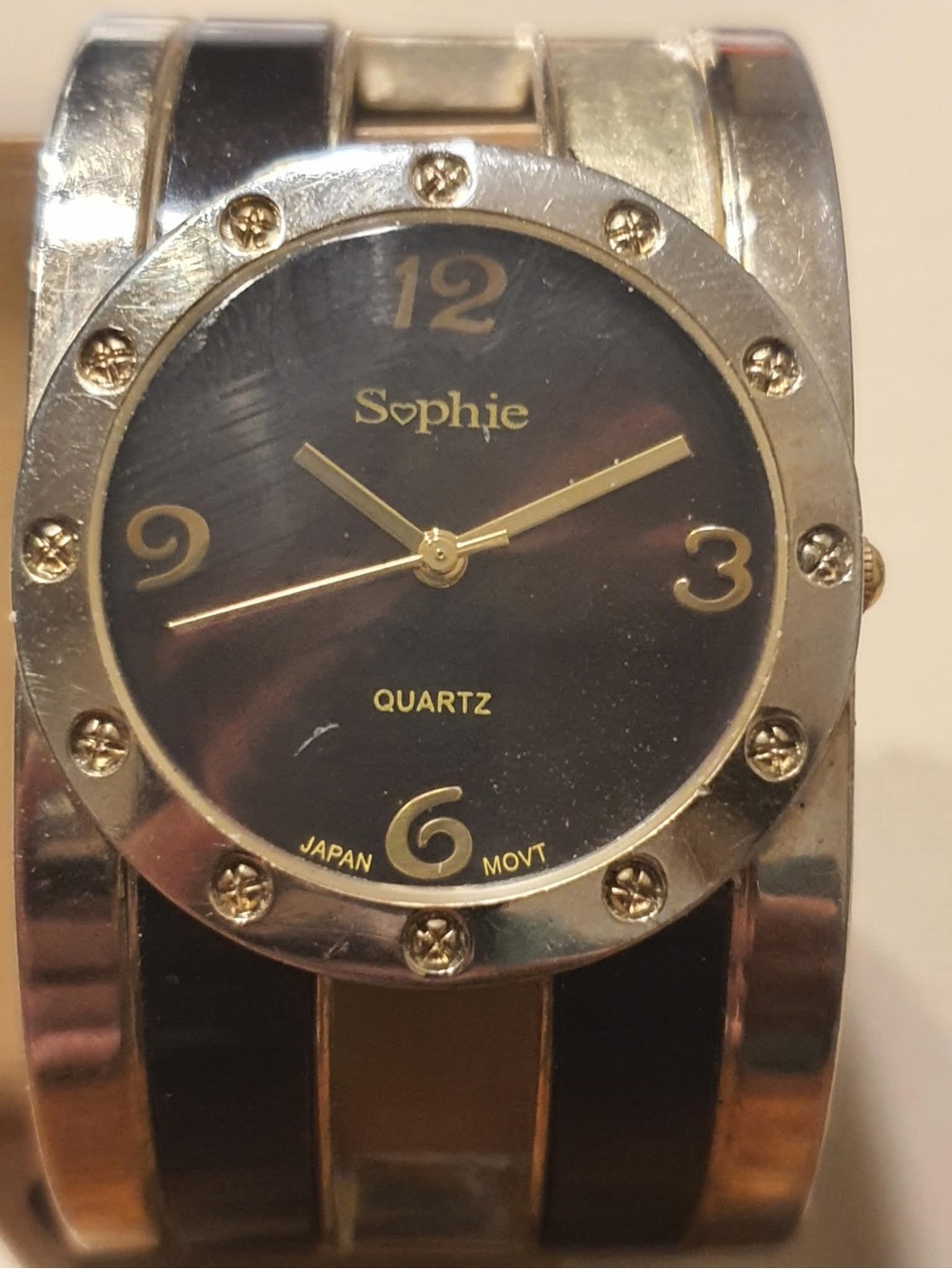 10/$20 Sophie Silver/Brown Stainless Steel Women's Cuff Watch w/Black Accents